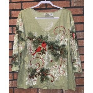 Collections Etc. Womens Green Cardinal Winter 3/4 Sleeve V Neck Top Size XXL